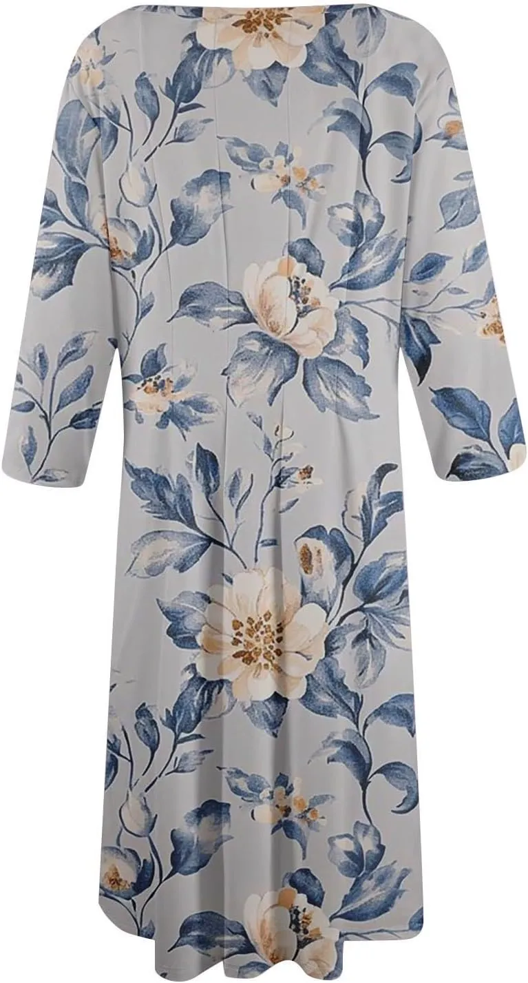 Women's Summer Casual Loose Trendy Crew Neck 3/4 Sleeve Floral Print Midi Boho Dresses 2025 Plus Size, S-3XL