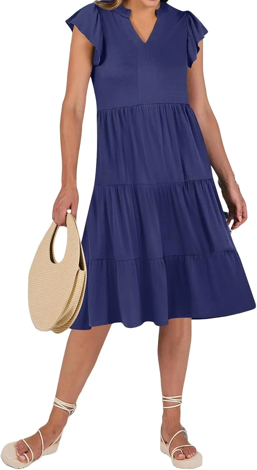 Women's Summer Casual Midi Dress V Neck Ruffle Sleeve Dresses Flowy Tiered Boho Beach Sundress with Pockets
