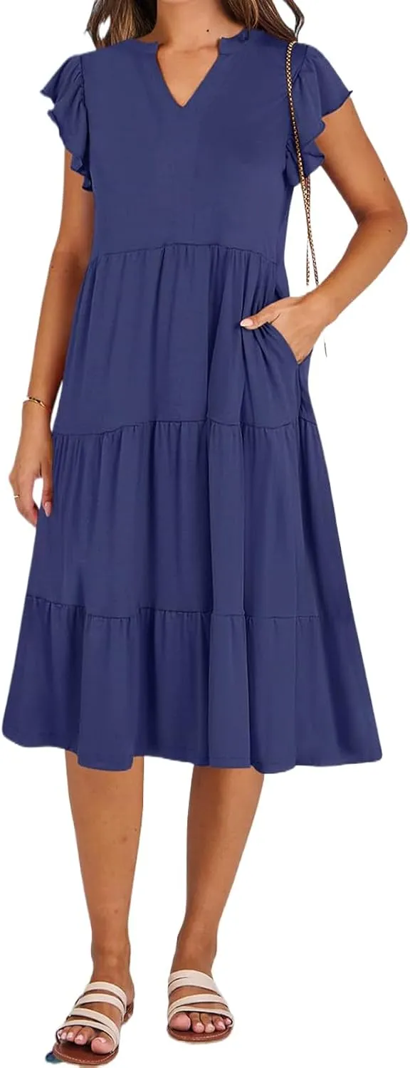 Women's Summer Casual Midi Dress V Neck Ruffle Sleeve Dresses Flowy Tiered Boho Beach Sundress with Pockets