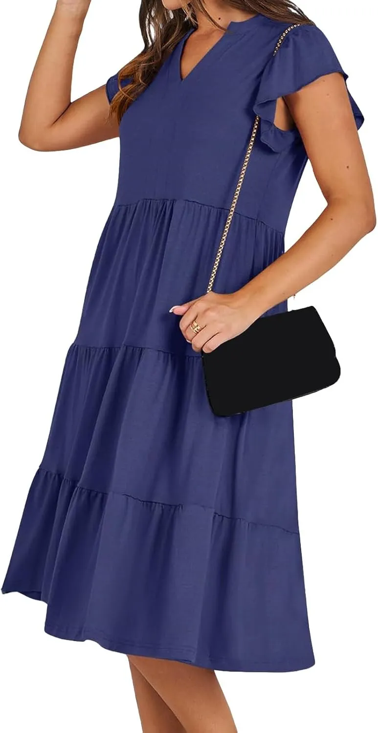 Women's Summer Casual Midi Dress V Neck Ruffle Sleeve Dresses Flowy Tiered Boho Beach Sundress with Pockets