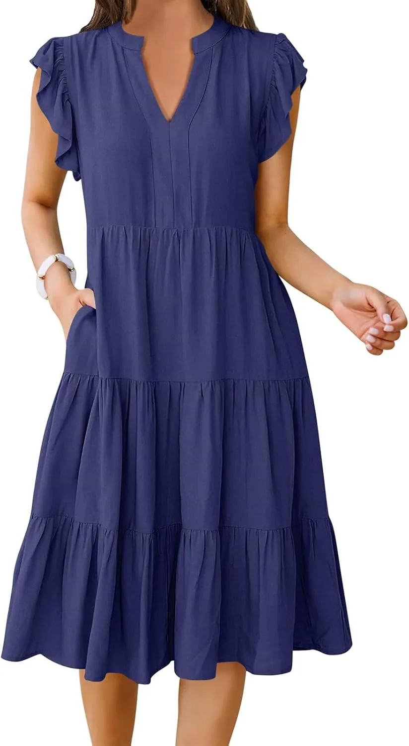 Women's Summer Casual Midi Dress V Neck Ruffle Sleeve Dresses Flowy Tiered Boho Beach Sundress with Pockets