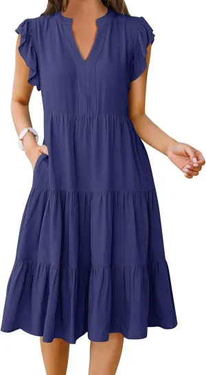 Women's Summer Casual Midi Dress V Neck Ruffle Sleeve Dresses Flowy Tiered Boho Beach Sundress with Pockets
