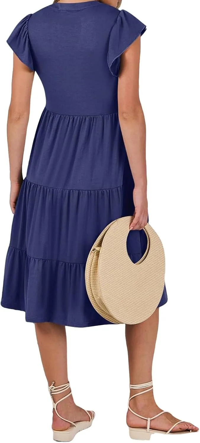 Women's Summer Casual Midi Dress V Neck Ruffle Sleeve Dresses Flowy Tiered Boho Beach Sundress with Pockets