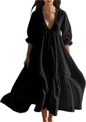 Women's Summer Cotton Linen Dresses 3/4 Sleeve Deep V Tiered Pleated Solid Color Tie Up Flowy Cute Long Dress