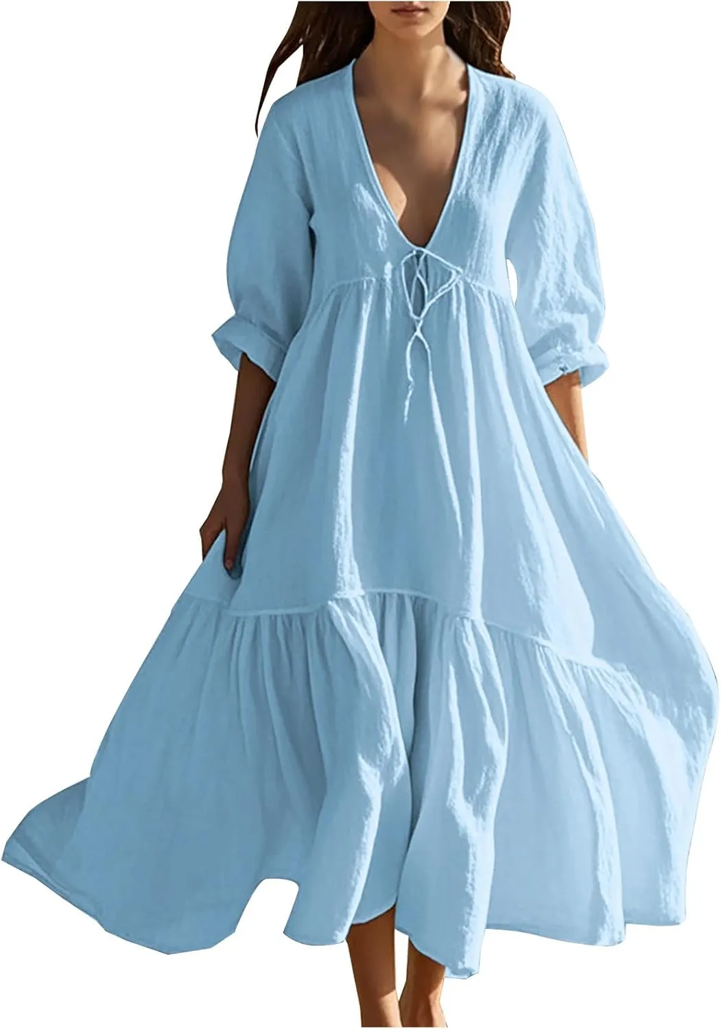 Women's Summer Cotton Linen Dresses 3/4 Sleeve Deep V Tiered Pleated Solid Color Tie Up Flowy Cute Long Dress