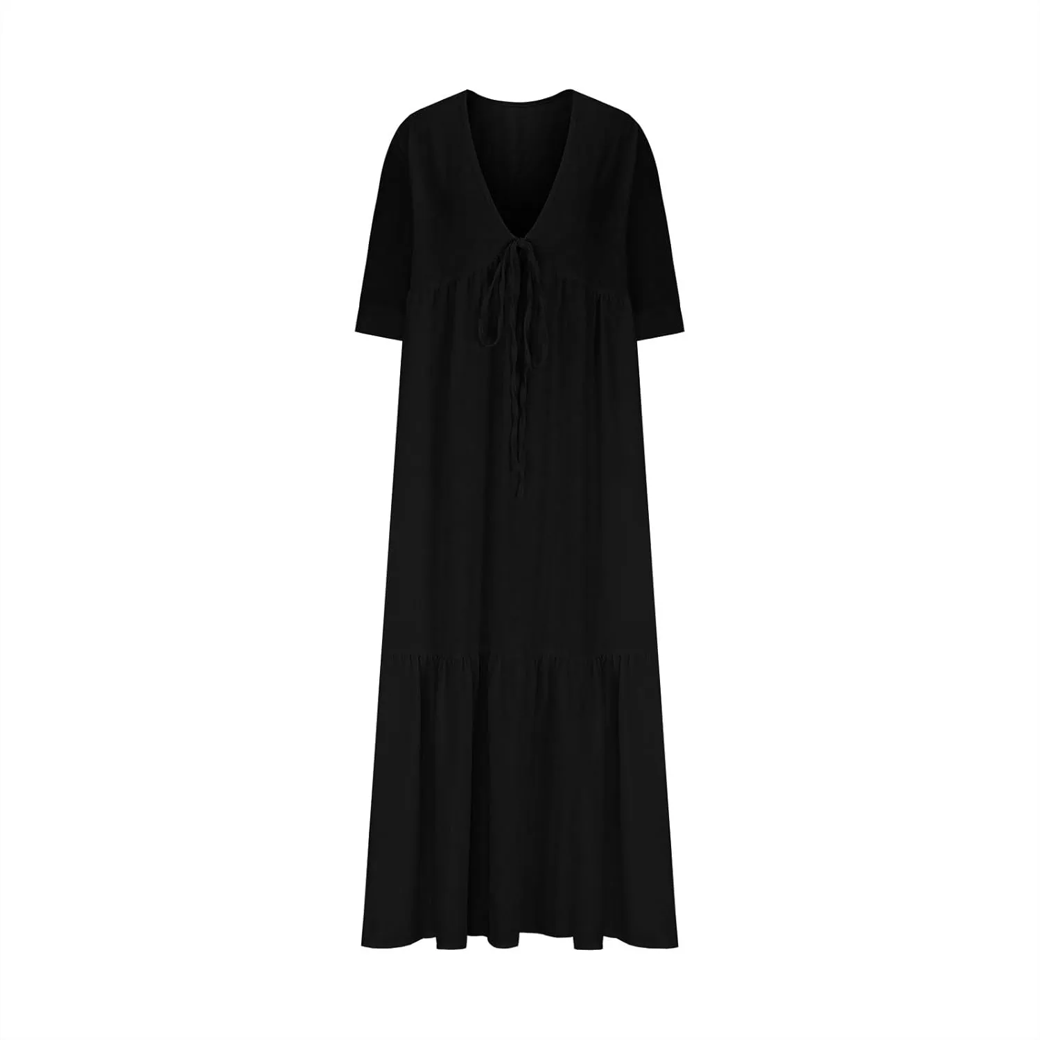 Women's Summer Cotton Linen Dresses 3/4 Sleeve Deep V Tiered Pleated Solid Color Tie Up Flowy Cute Long Dress