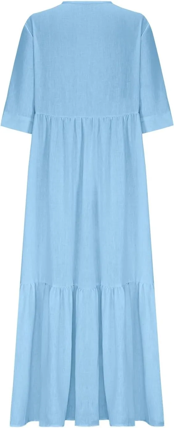 Women's Summer Cotton Linen Dresses 3/4 Sleeve Deep V Tiered Pleated Solid Color Tie Up Flowy Cute Long Dress