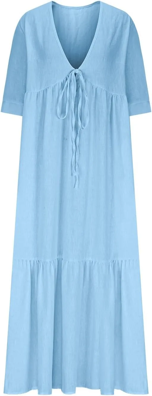 Women's Summer Cotton Linen Dresses 3/4 Sleeve Deep V Tiered Pleated Solid Color Tie Up Flowy Cute Long Dress