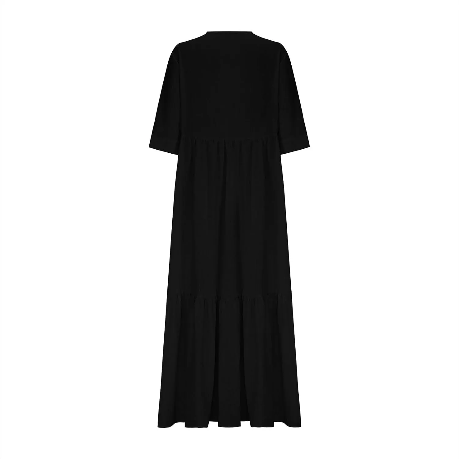 Women's Summer Cotton Linen Dresses 3/4 Sleeve Deep V Tiered Pleated Solid Color Tie Up Flowy Cute Long Dress