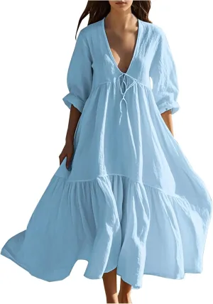 Women's Summer Cotton Linen Dresses 3/4 Sleeve Deep V Tiered Pleated Solid Color Tie Up Flowy Cute Long Dress