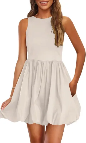 Womens Summer Dress Sleeveless Crew Neck Tank Mini Short Dress Casual Cute Swing Bubble Sundress Wedding Party Dresses