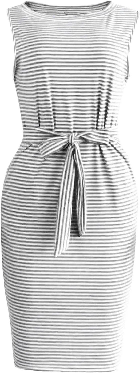 Women's Summer Dresses 2023 Casual Striped Sundresses Short Sleeve T-Shirt Dress Tie Waist Dress with Pockets Skirts