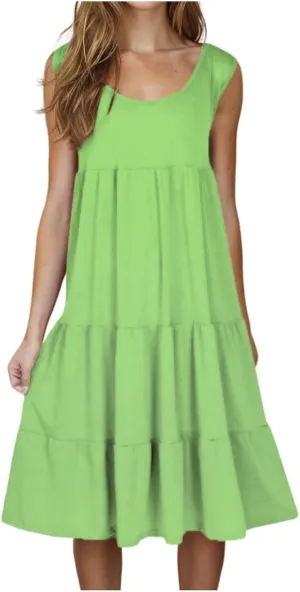 Women's Summer Dresses 2025 Beach Casual Sleeveless Loose Sundress Crew Neck Vacation Flowy Midi Dress