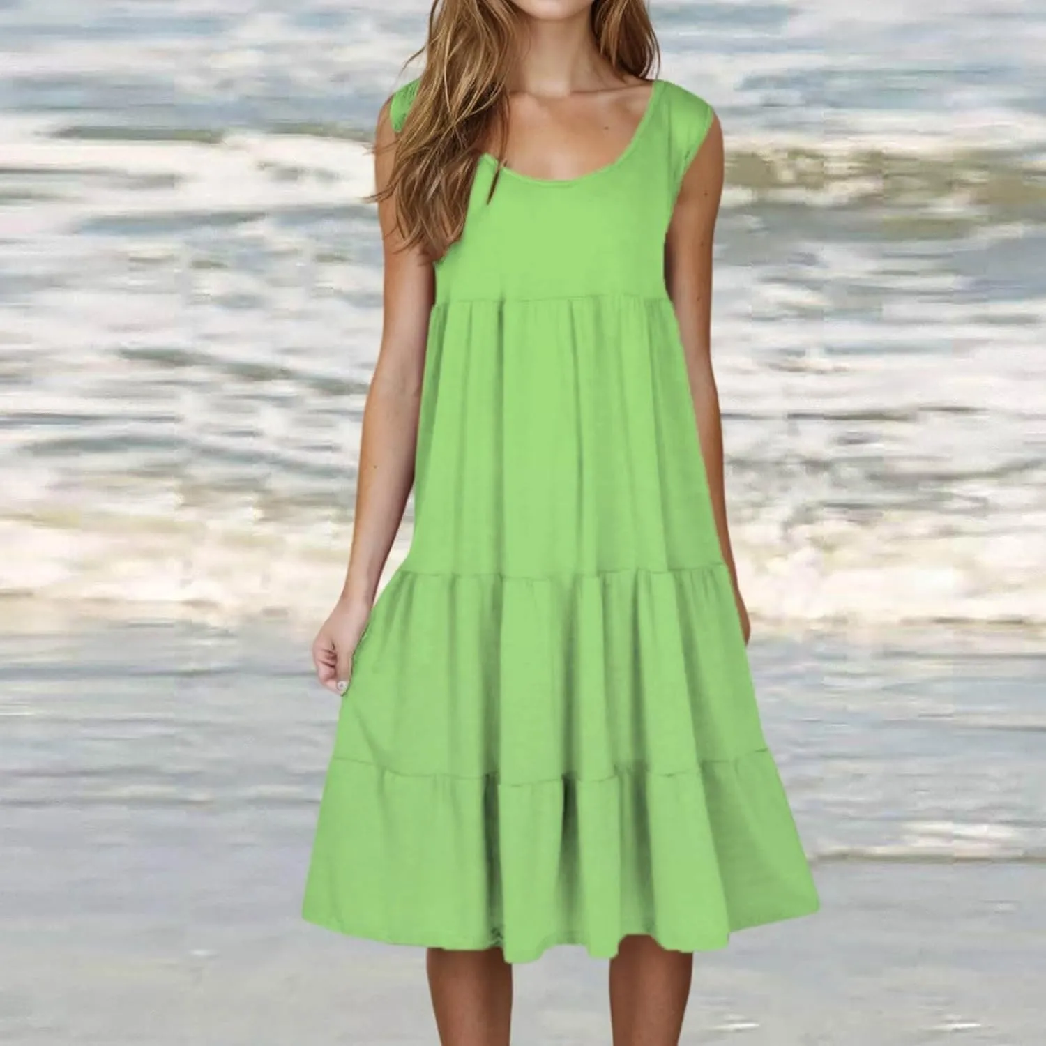 Women's Summer Dresses 2025 Beach Casual Sleeveless Loose Sundress Crew Neck Vacation Flowy Midi Dress