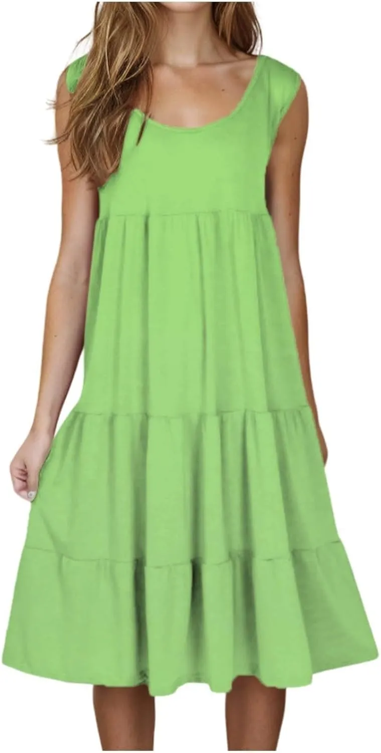 Women's Summer Dresses 2025 Beach Casual Sleeveless Loose Sundress Crew Neck Vacation Flowy Midi Dress