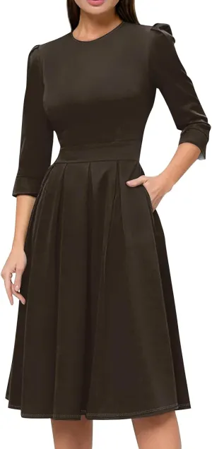 Women's Summer Dresses 2025 Casual Loose Trendy Crew Neck 3/4 Sleeve Solid Color with Zipper Dress, S-2XL