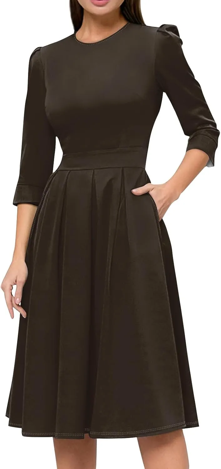 Women's Summer Dresses 2025 Casual Loose Trendy Crew Neck 3/4 Sleeve Solid Color with Zipper Dress, S-2XL