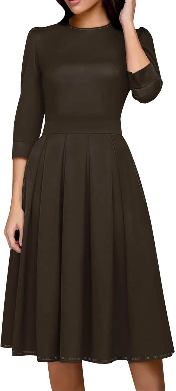 Women's Summer Dresses 2025 Casual Loose Trendy Crew Neck 3/4 Sleeve Solid Color with Zipper Dress, S-2XL