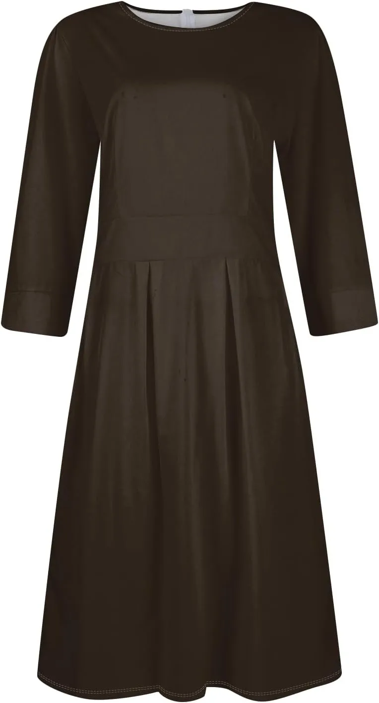 Women's Summer Dresses 2025 Casual Loose Trendy Crew Neck 3/4 Sleeve Solid Color with Zipper Dress, S-2XL