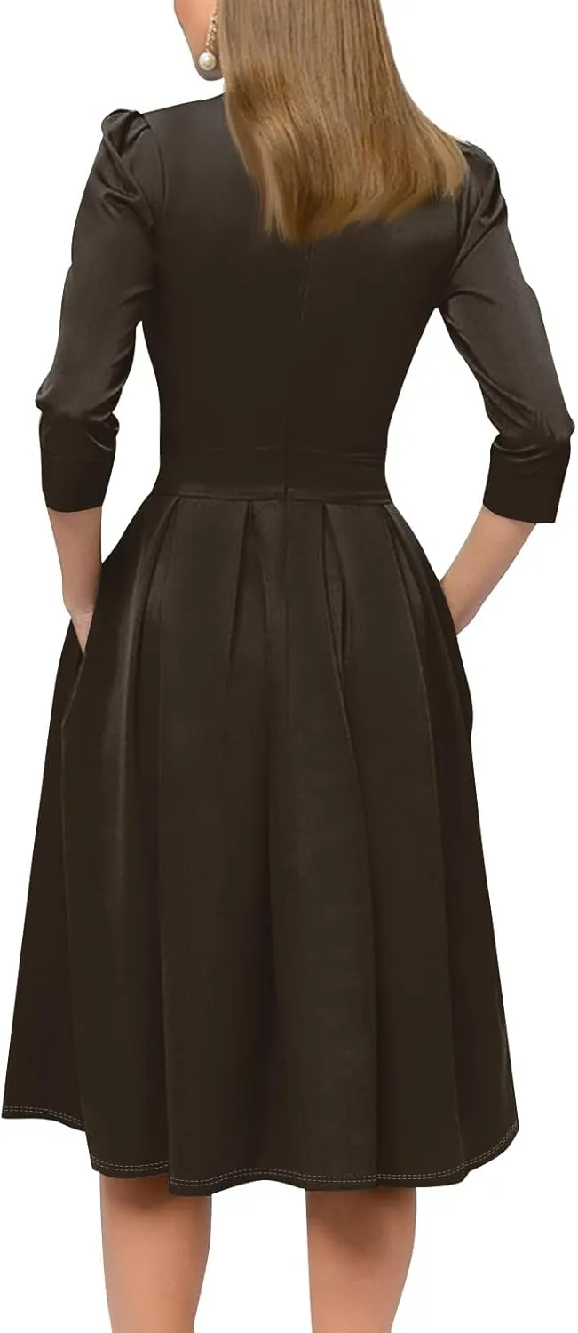 Women's Summer Dresses 2025 Casual Loose Trendy Crew Neck 3/4 Sleeve Solid Color with Zipper Dress, S-2XL