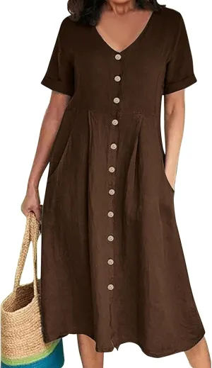 Women's Summer Dresses 2025 Casual Loose Trendy Short Sleeve V-Neck Solid Color Button Linen Dress Plus Size, S-5XL