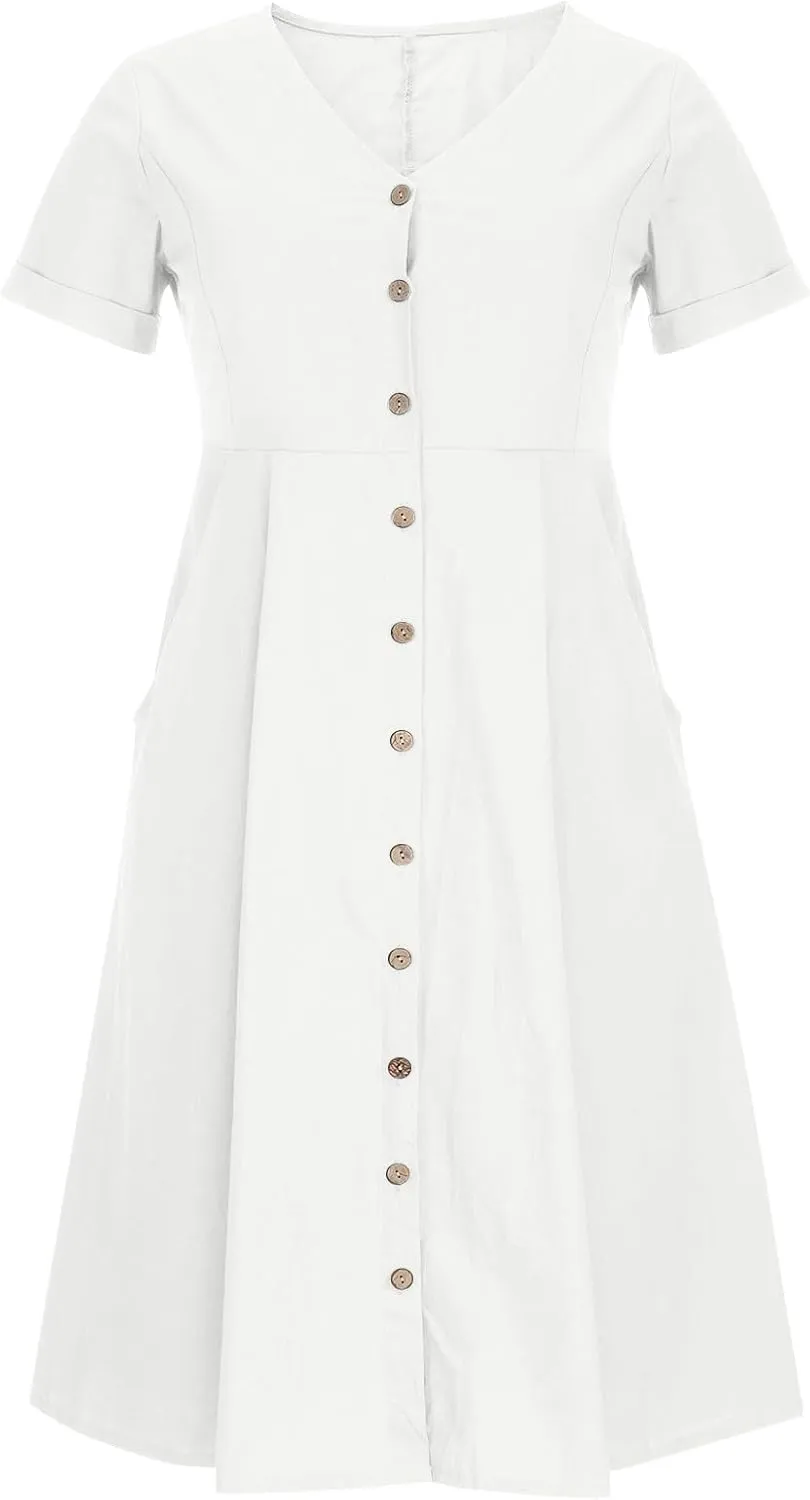 Women's Summer Dresses 2025 Casual Loose Trendy Short Sleeve V-Neck Solid Color Button Linen Dress Plus Size, S-5XL