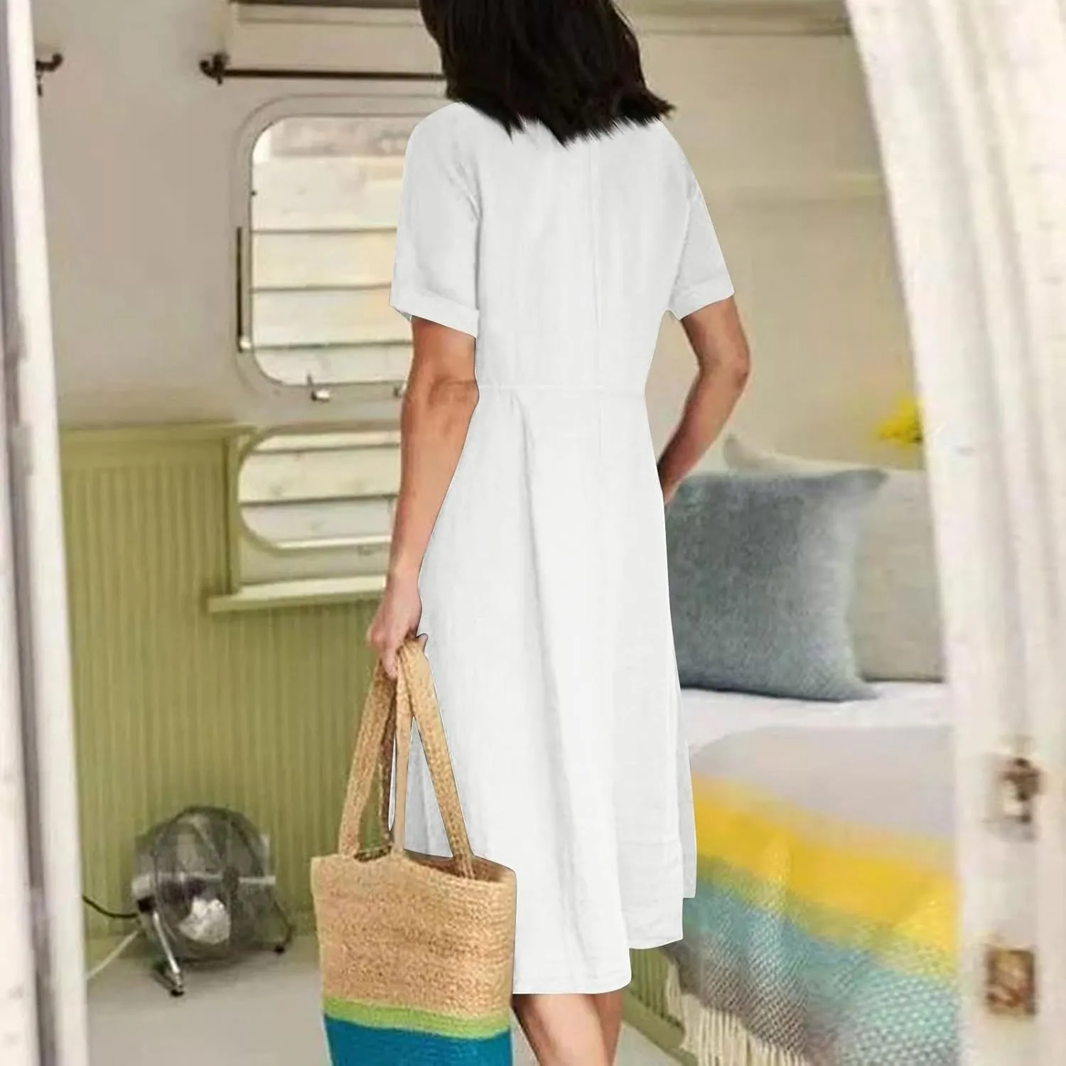 Women's Summer Dresses 2025 Casual Loose Trendy Short Sleeve V-Neck Solid Color Button Linen Dress Plus Size, S-5XL