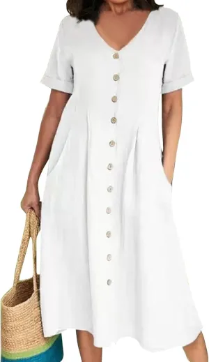 Women's Summer Dresses 2025 Casual Loose Trendy Short Sleeve V-Neck Solid Color Button Linen Dress Plus Size, S-5XL