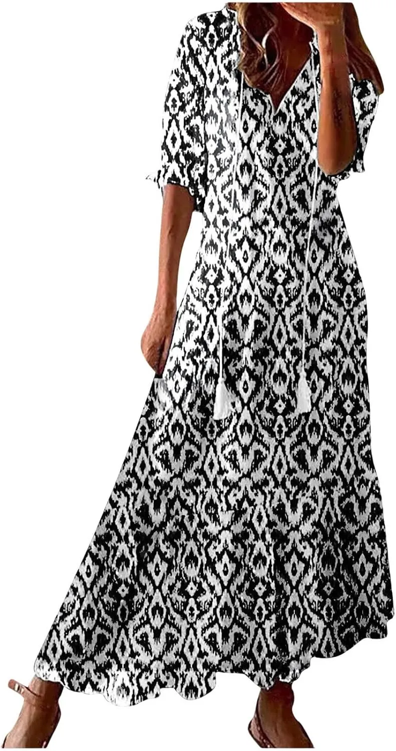 Womens Summer Dresses 2025 Floral Half Sleeve V Neck Long Maxi Dress Casual Flowy Beach Vacation Sundresses