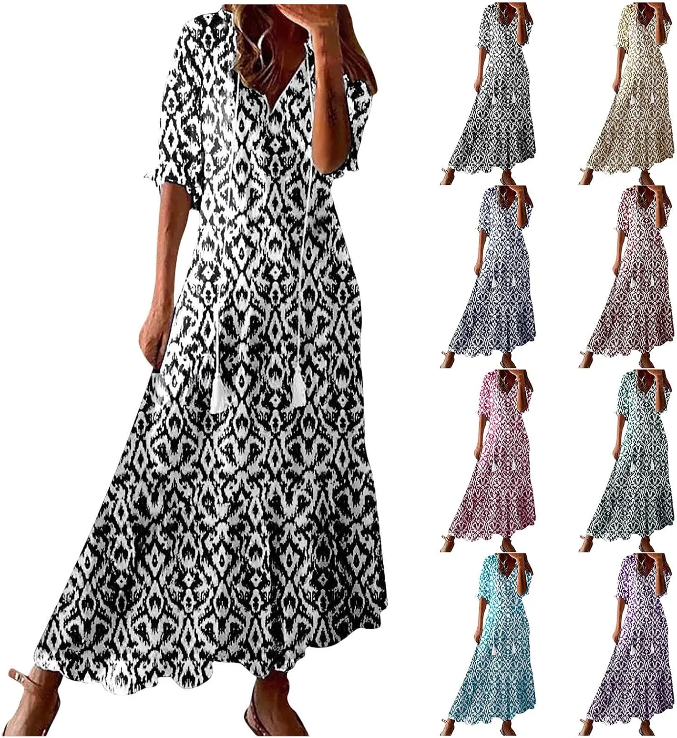 Womens Summer Dresses 2025 Floral Half Sleeve V Neck Long Maxi Dress Casual Flowy Beach Vacation Sundresses