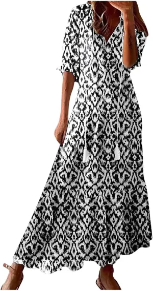 Womens Summer Dresses 2025 Floral Half Sleeve V Neck Long Maxi Dress Casual Flowy Beach Vacation Sundresses