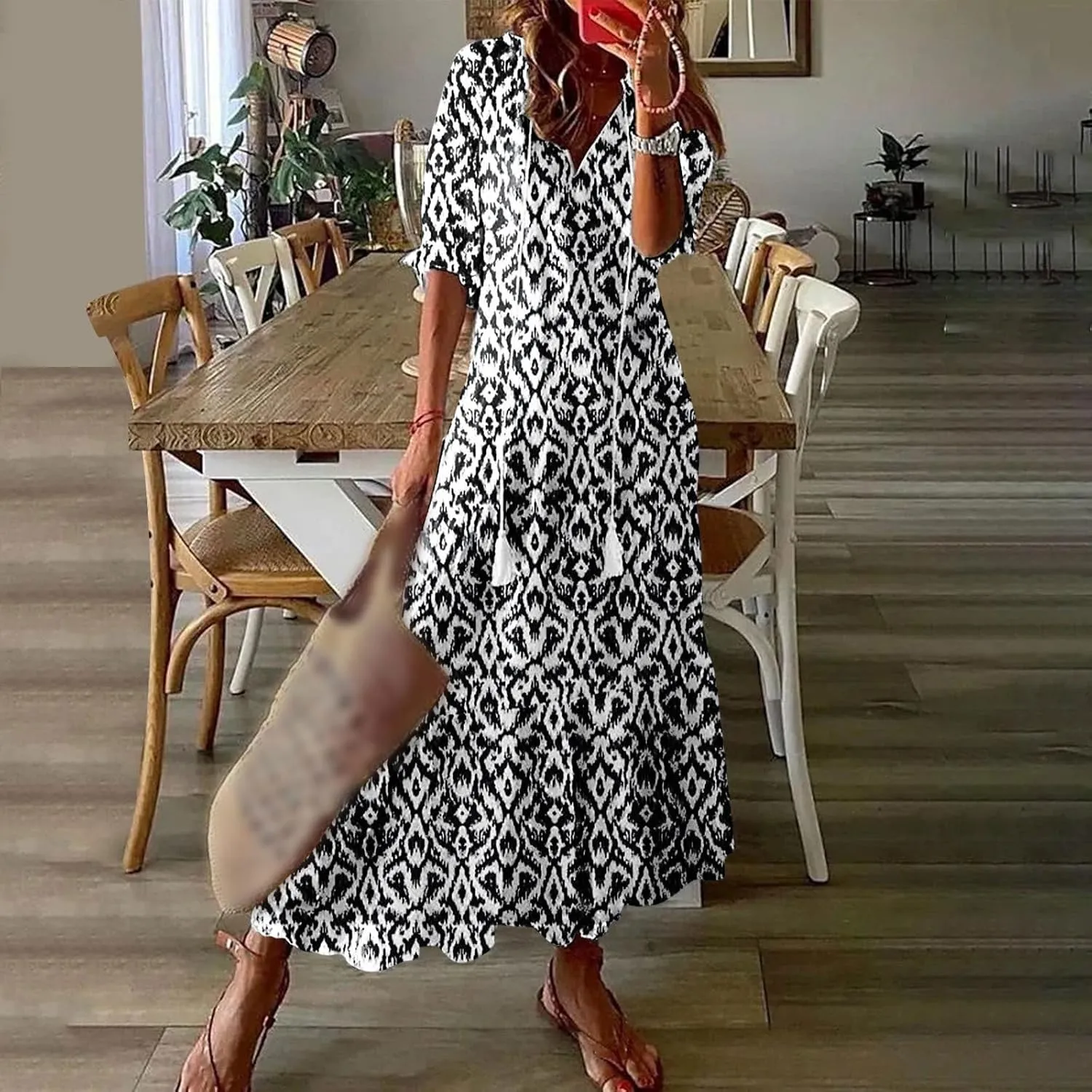 Womens Summer Dresses 2025 Floral Half Sleeve V Neck Long Maxi Dress Casual Flowy Beach Vacation Sundresses