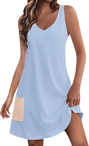 Womens Summer Dresses 2025 Loose V Neck Sleeveless Sundresses Cute Floral Graphic Casual Dress with Pockets