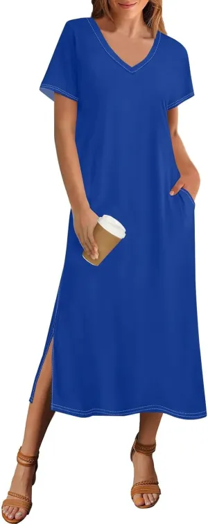 Womens Summer Dresses 2025 Short Sleeve T Shirt Dress Summer Casual Loose Swing Tshirt Midi Dresses with Pockets