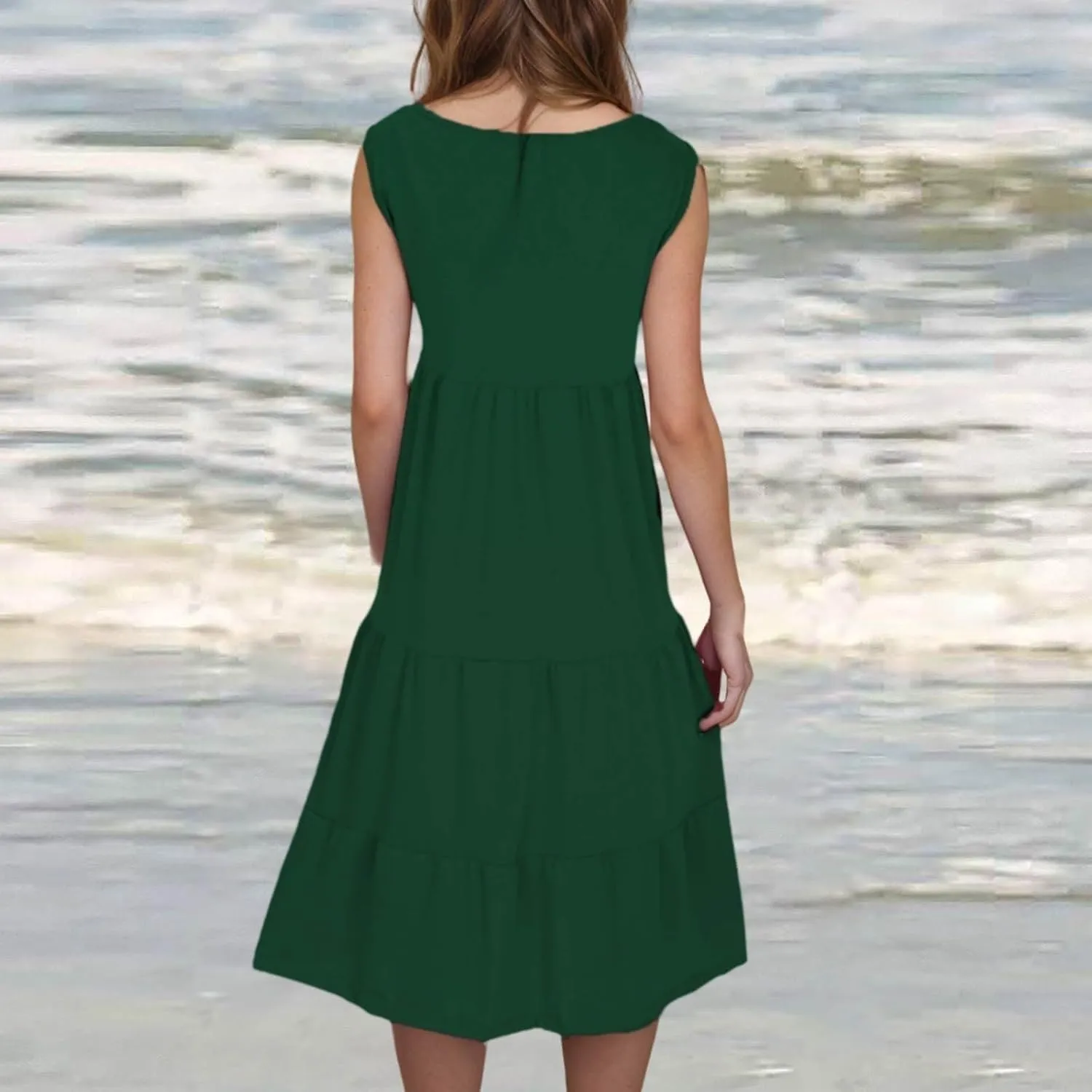 Women's Summer Dresses 2025 Sleeveless Crew Neck Flowy Dress Casual Vacation Beach Sundress Holiday Outfits