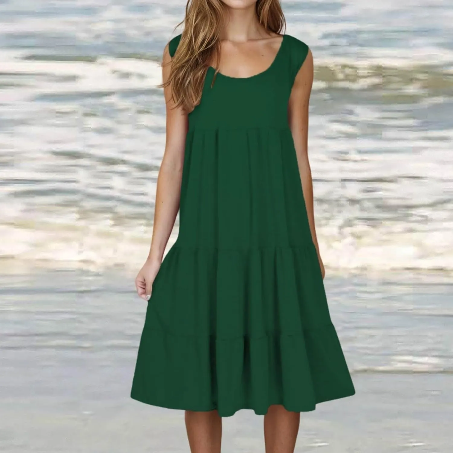 Women's Summer Dresses 2025 Sleeveless Crew Neck Flowy Dress Casual Vacation Beach Sundress Holiday Outfits