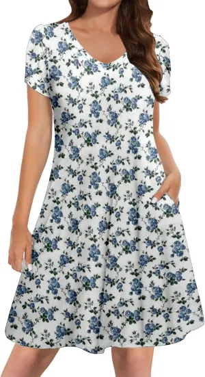 Womens Summer Dresses 2025 V Neck Short Sleeve Floral Graphic Sundresses Cute Loose Casual Midi Dress with Pockets