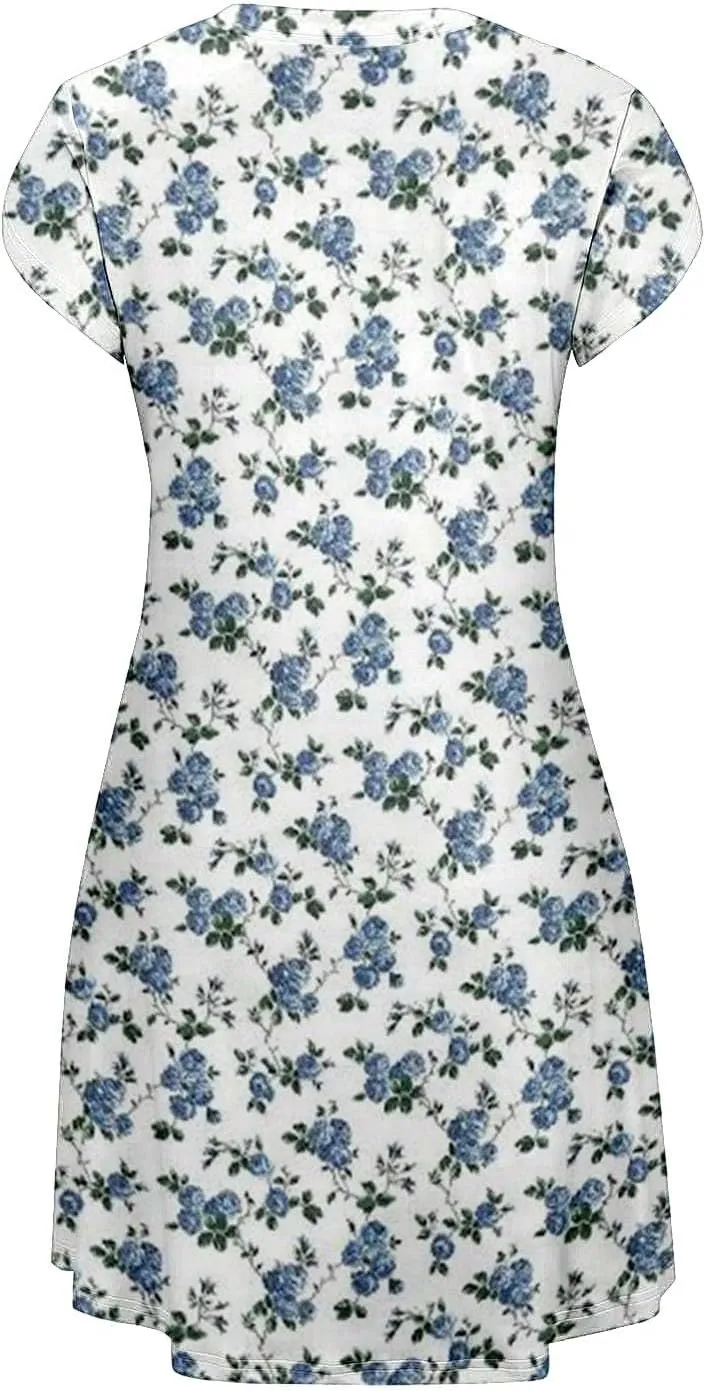 Womens Summer Dresses 2025 V Neck Short Sleeve Floral Graphic Sundresses Cute Loose Casual Midi Dress with Pockets
