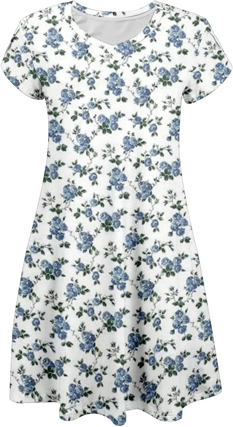 Womens Summer Dresses 2025 V Neck Short Sleeve Floral Graphic Sundresses Cute Loose Casual Midi Dress with Pockets