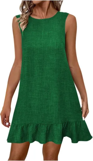 Womens Summer Dresses Casual Crew Neck Sleeveless Beach Dress Fashion Solid Color Loose Fit Pleated Sundress