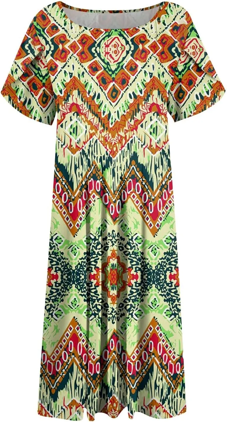 Womens Summer Dresses Casual Floral Beach O Neck Short Sleeve T Shirt Sundresses with Pockets 2025 Vacation