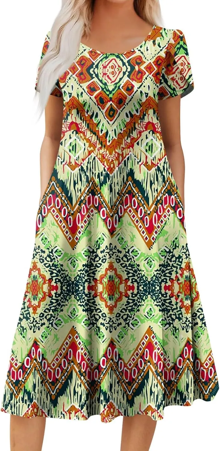 Womens Summer Dresses Casual Floral Beach O Neck Short Sleeve T Shirt Sundresses with Pockets 2025 Vacation