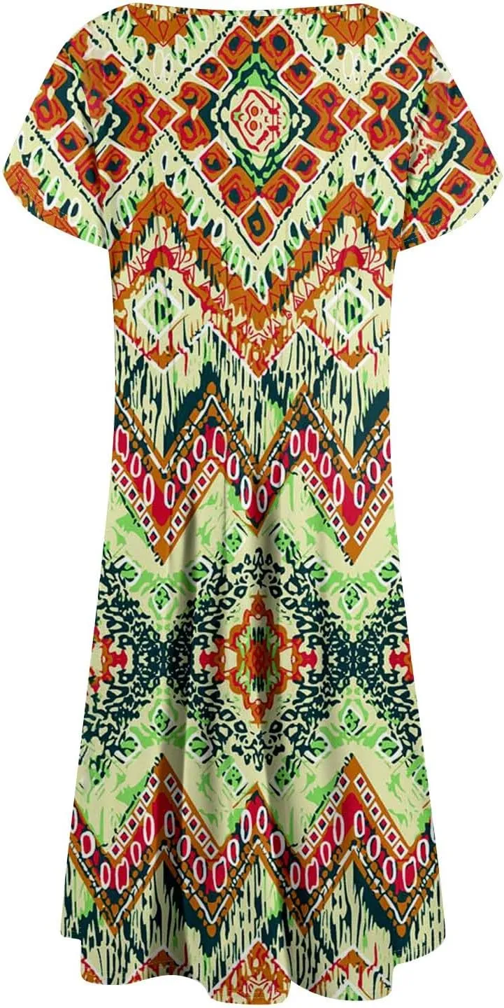 Womens Summer Dresses Casual Floral Beach O Neck Short Sleeve T Shirt Sundresses with Pockets 2025 Vacation