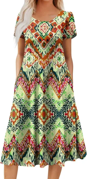 Womens Summer Dresses Casual Floral Beach O Neck Short Sleeve T Shirt Sundresses with Pockets 2025 Vacation