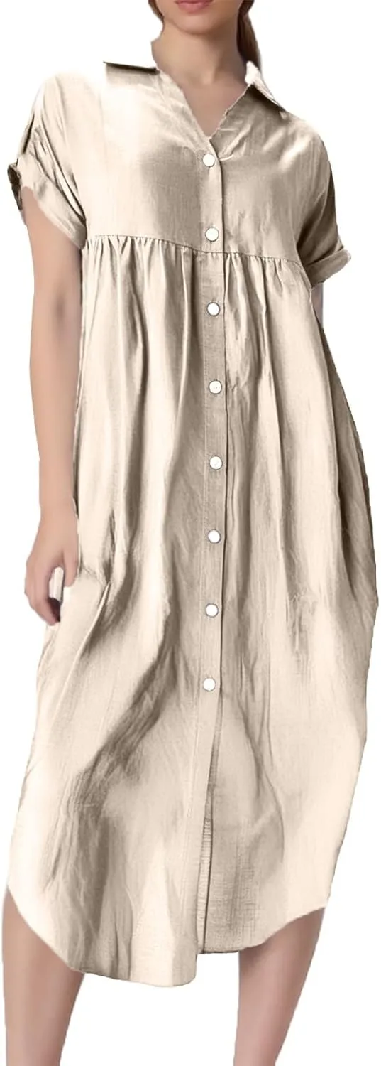 Womens Summer Dresses Lapel V Neck Short Sleeve Midi Dress Button Down Summercasual Loose Fit Shift Tshirt Dress
