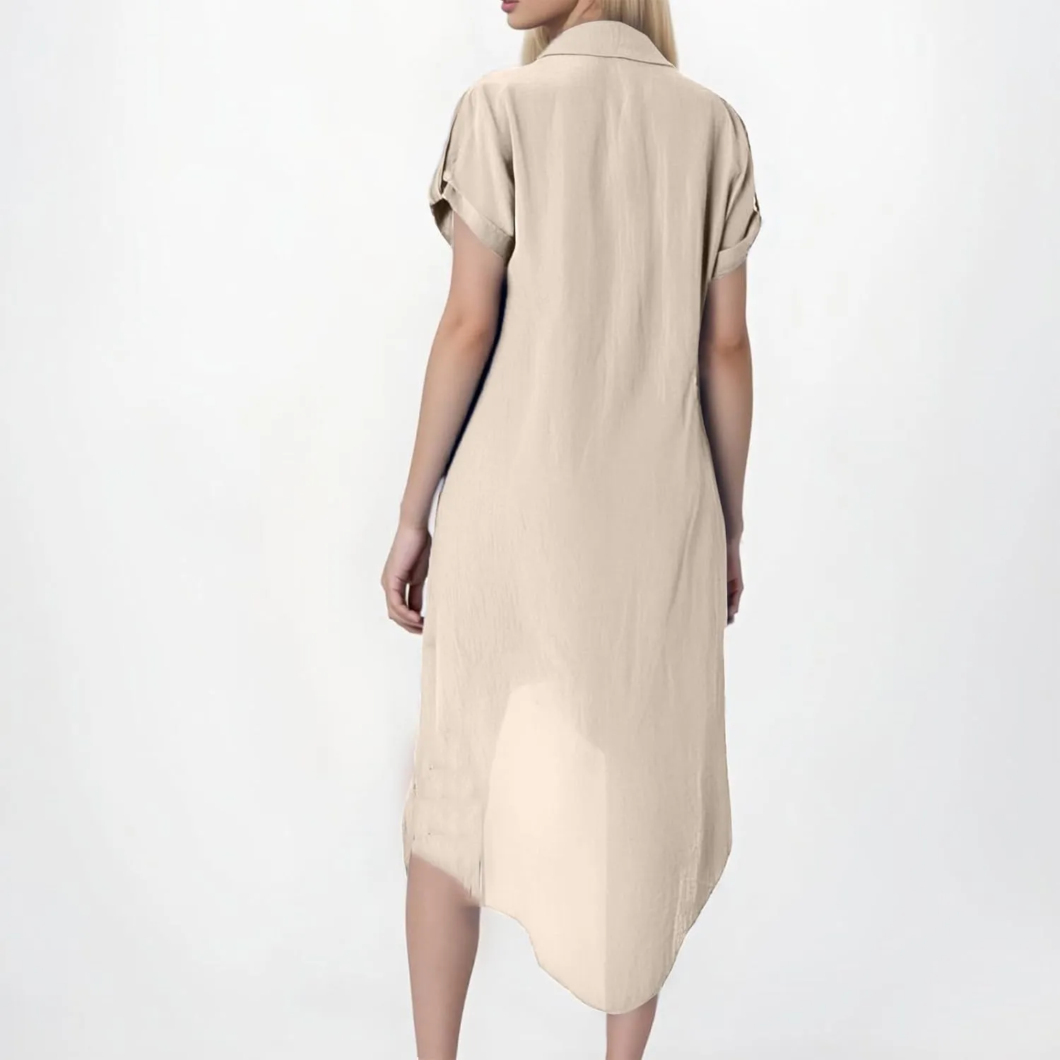 Womens Summer Dresses Lapel V Neck Short Sleeve Midi Dress Button Down Summercasual Loose Fit Shift Tshirt Dress