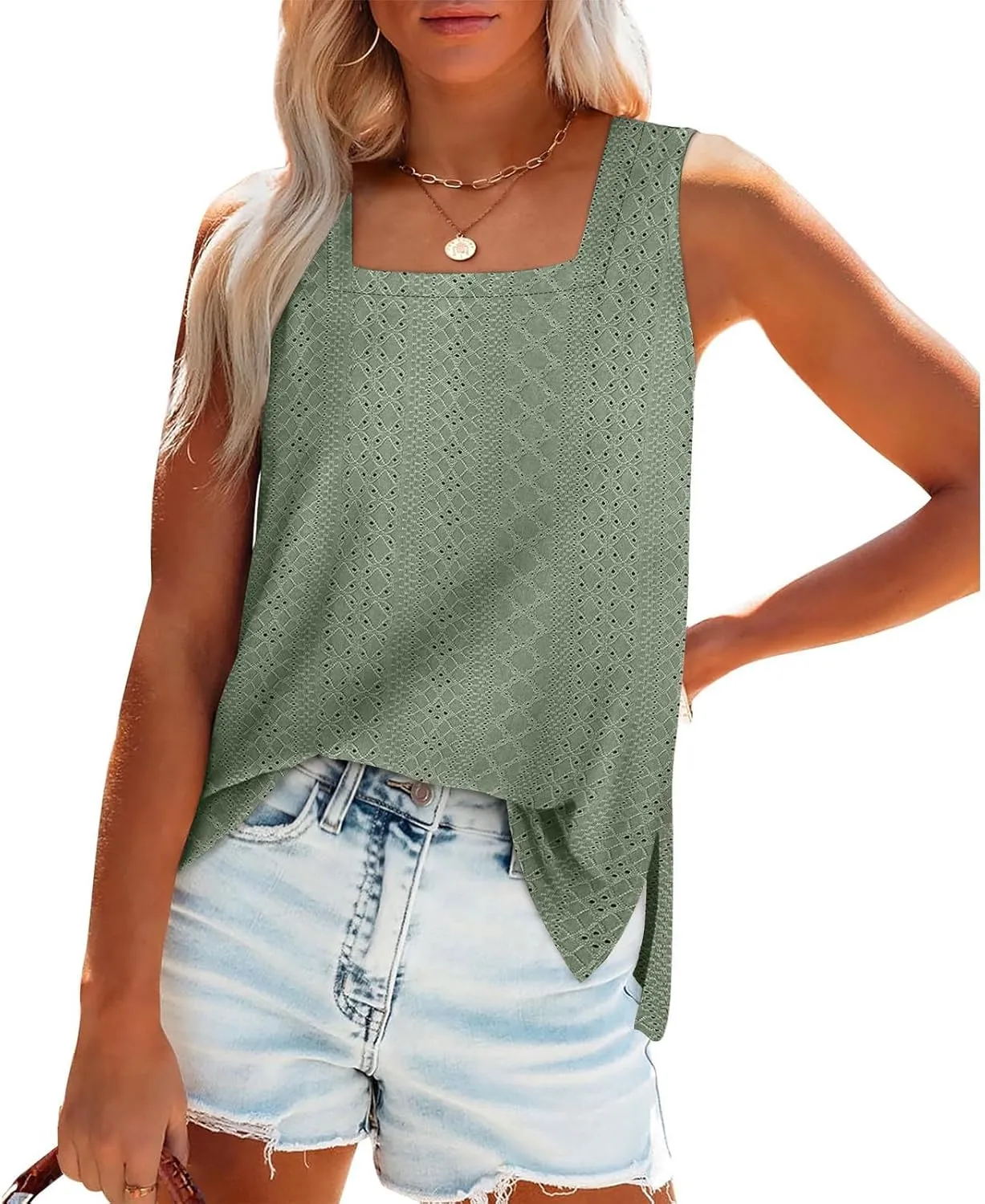 Women's Summer Eyelet Tank Tops 2025 Trendy Sleeveless Hollow Out Shirt Casual Basic Side Slit Beach Vacation Blouse