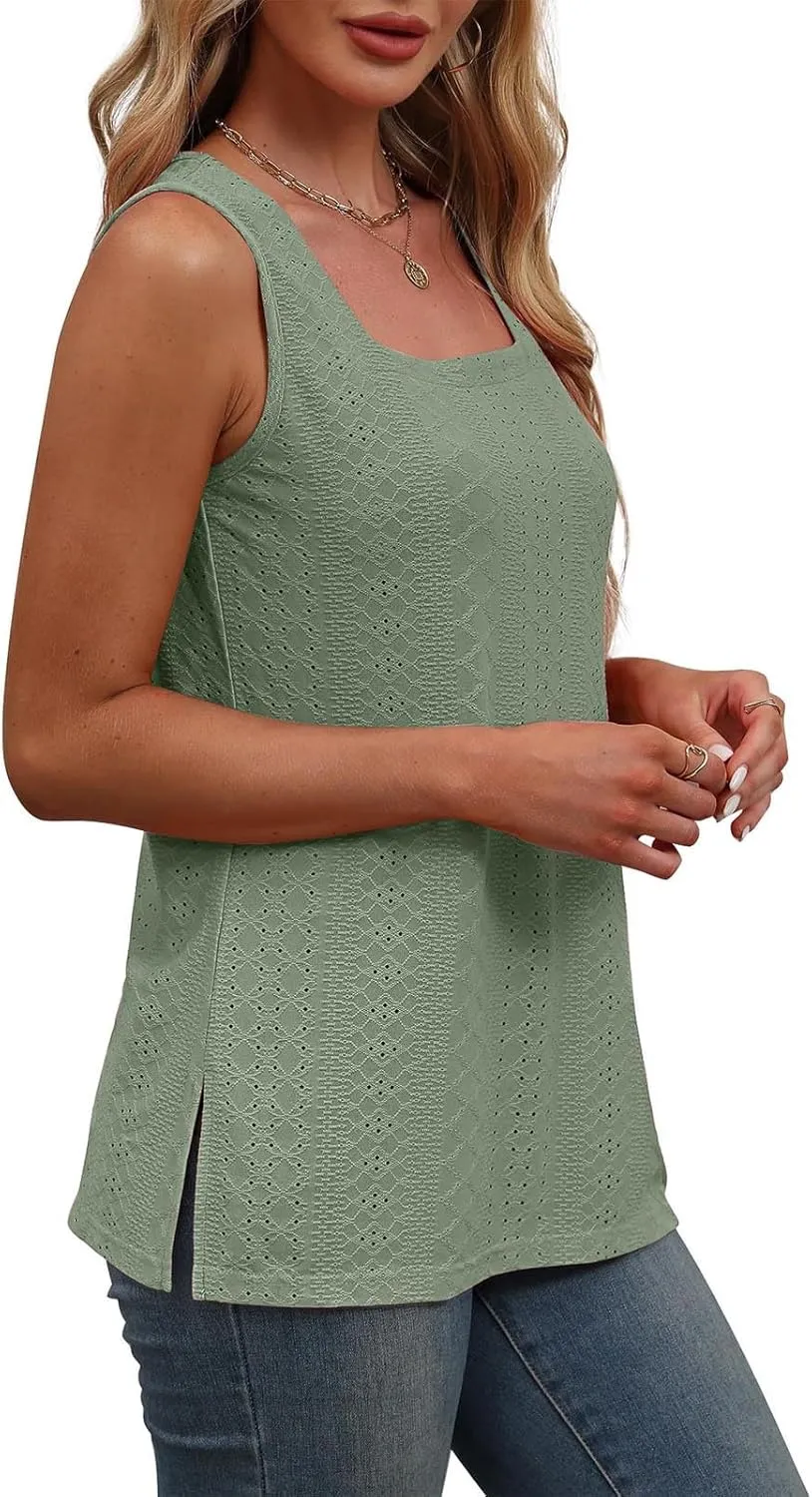 Women's Summer Eyelet Tank Tops 2025 Trendy Sleeveless Hollow Out Shirt Casual Basic Side Slit Beach Vacation Blouse