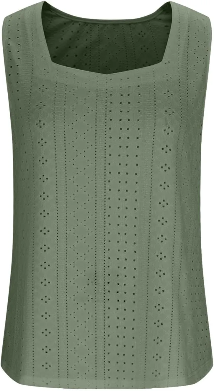 Women's Summer Eyelet Tank Tops 2025 Trendy Sleeveless Hollow Out Shirt Casual Basic Side Slit Beach Vacation Blouse