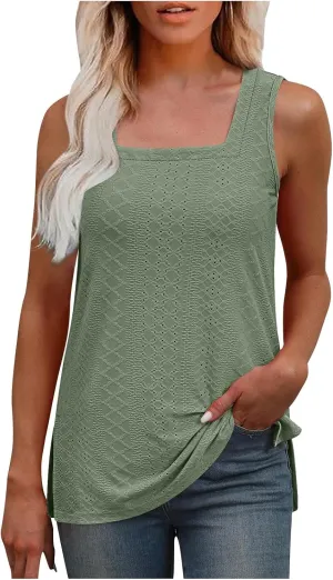 Women's Summer Eyelet Tank Tops 2025 Trendy Sleeveless Hollow Out Shirt Casual Basic Side Slit Beach Vacation Blouse